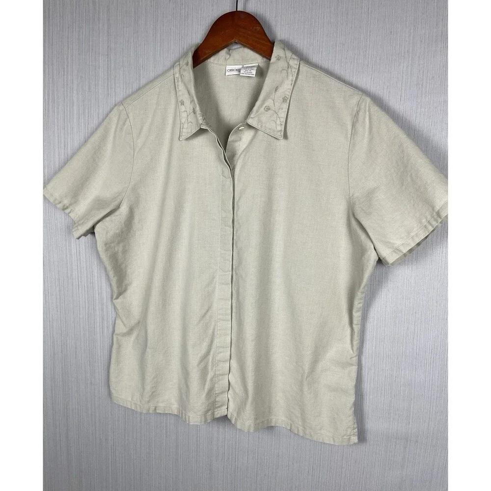 Linen Cotton Short Sleeve Button Down Embroidered Collar Cherokee XL - Picture 2 of 7